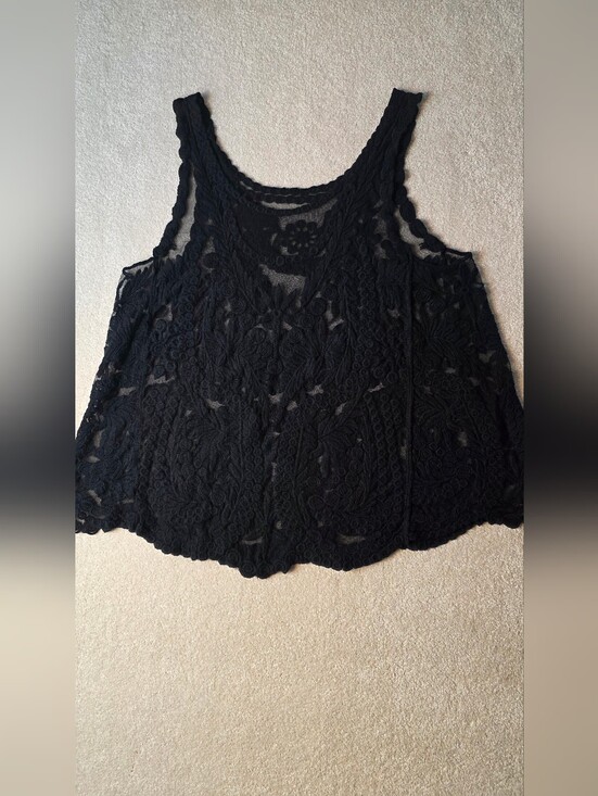 Tops - Black Floral Embroidered Mesh Sheer Tank Whimsygoth Feminine Dark Romantic M